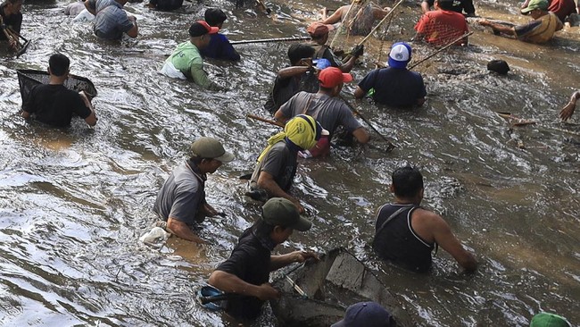 Sejumlah warga menangkap ikan saat tradisi Grobyak Ikan di Sumber Gundi, Kabupaten Kediri, Jawa Timur, Minggu (23/8/2026). Tradisi memanen ikan hanya sekali dalam setahun tersebut merupakan cara warga sekitar mensyukuri aliran mata air yang tidak per