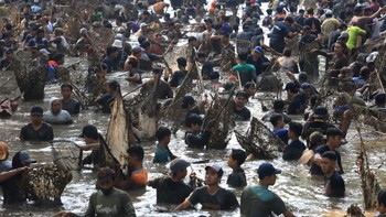 Sejumlah warga menangkap ikan saat tradisi Grobyak Ikan di Sumber Gundi, Kabupaten Kediri, Jawa Timur, Minggu (23/8/2026). Tradisi memanen ikan hanya sekali dalam setahun tersebut merupakan cara warga sekitar mensyukuri aliran mata air yang tidak per