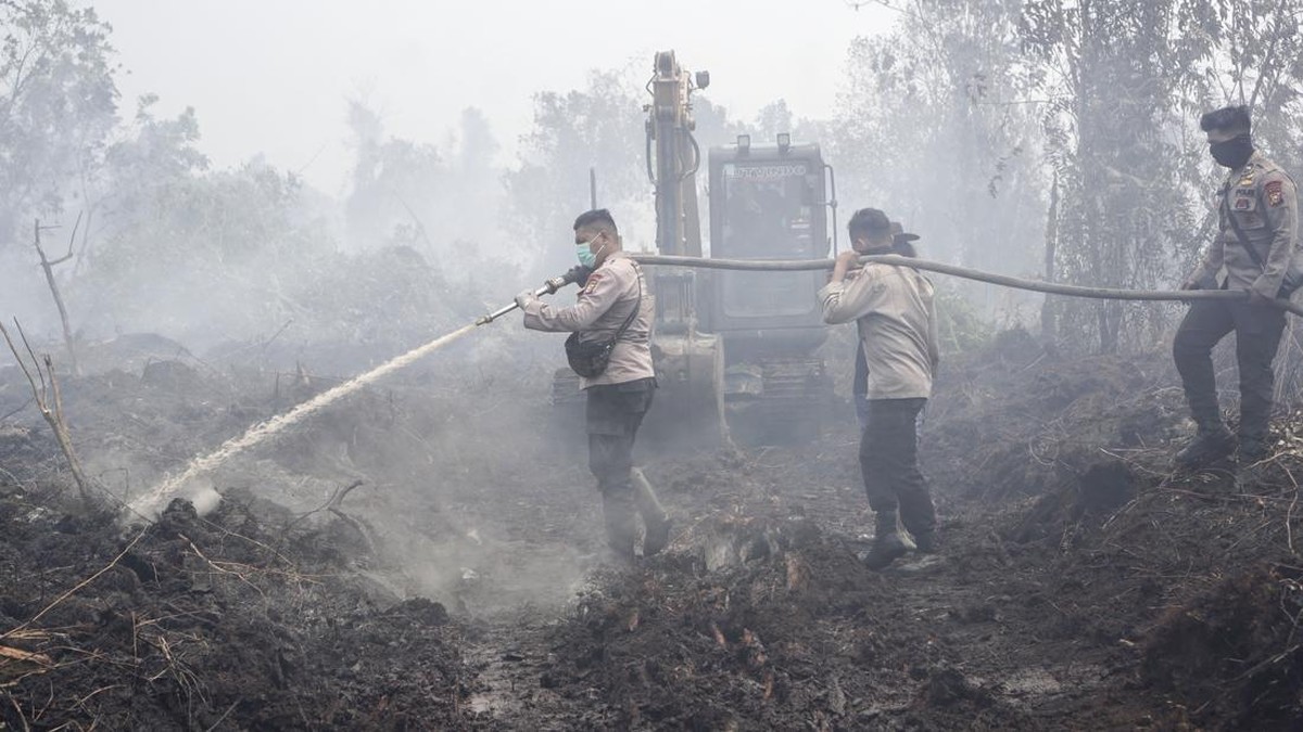 Angggota Brimob Polda Riau menyemprotkan air dalam upaya melakukan pemadaman lahan yang terbakar di Desa Rimbo Panjang, Kecamatan Tambang, Kabupaten Kampar, Riau, Senin (24/8/2026). Pemerintah terus berupaya melakukan dan memastikan kebakaran hutan d