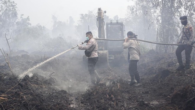 Angggota Brimob Polda Riau menyemprotkan air dalam upaya melakukan pemadaman lahan yang terbakar di Desa Rimbo Panjang, Kecamatan Tambang, Kabupaten Kampar, Riau, Senin (24/8/2026). Pemerintah terus berupaya melakukan dan memastikan kebakaran hutan d