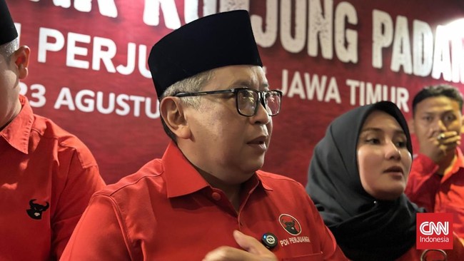 Sekjen PDIP Hasto Kristiyanto di Surabaya, Minggu (23/8). (CNNIndonesia/Farid)