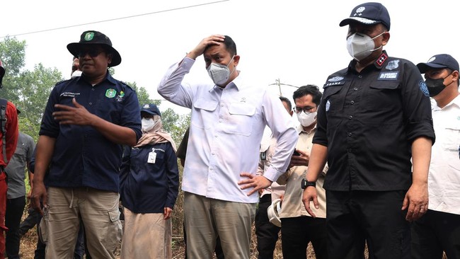 Wakil Menteri Lingkungan Hidup Diaz Hendropriyono (kedua kanan) meninjau lokasi kebakaran hutan dan lahan gambut di Desa Arang Limbung, Kecamatan Sungai Raya, Kabupaten Kubu Raya, Kalimantan Barat, Minggu (23/8/2026). Diaz meminta perusahaan perkebun