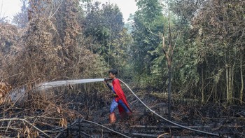 Pakai kostum Superman, seorang remaja bernama Rudiyansah menunjukkan semangat dengan ikut memadamkan karhutla di lahan gambut Palangkaraya.