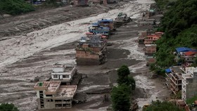 A drove view of mud covered properties following a flash flood at Trishuli in Nuwakot district, Nepal, August 26, 2026. REUTERS/Navesh Chitrakar