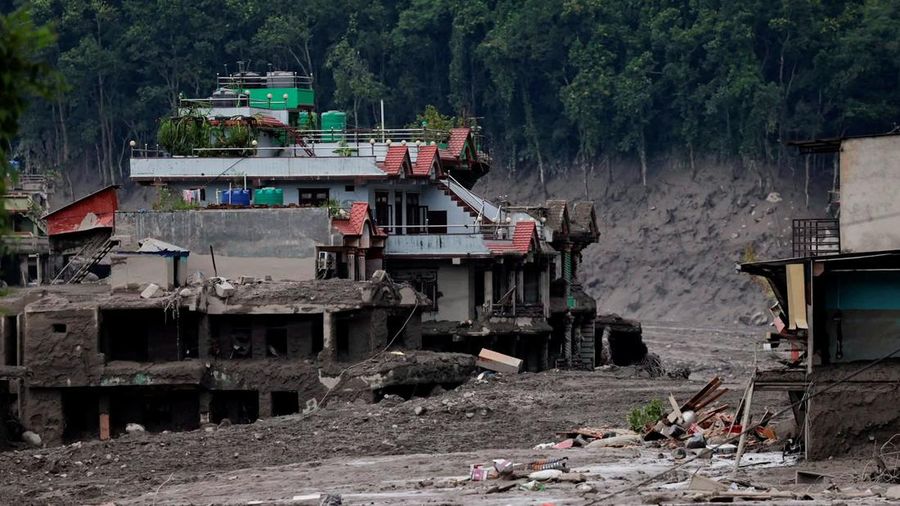 Rumah-rumah nan rusak akibat banjir bandang di Trishuli, Distrik Nuwakot, Nepal, pada 26 Agustus 2026.