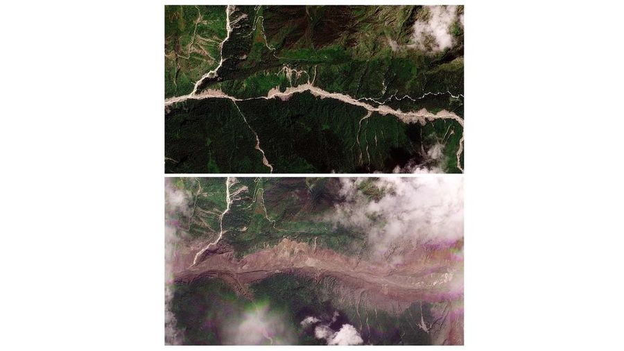 Gabungan gambaran satelit memperlihatkan Manakamana, Nepal, pada tanggal 23 Agustus 2026 sebelum banjir bandang (atas) dan pada tanggal 26 Agustus 2026 setelah banjir bandang (bawah) nan melanda wilayah tersebut. (PLANET LABS PBC/Handout via REUTERS)