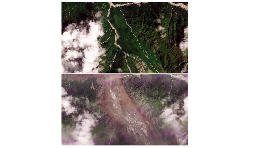 Gabungan gambaran satelit memperlihatkan Manakamana, Nepal, pada tanggal 23 Agustus 2026 sebelum banjir bandang (atas) dan pada tanggal 26 Agustus 2026 setelah banjir bandang (bawah) nan melanda wilayah tersebut. (PLANET LABS PBC/Handout via REUTERS)