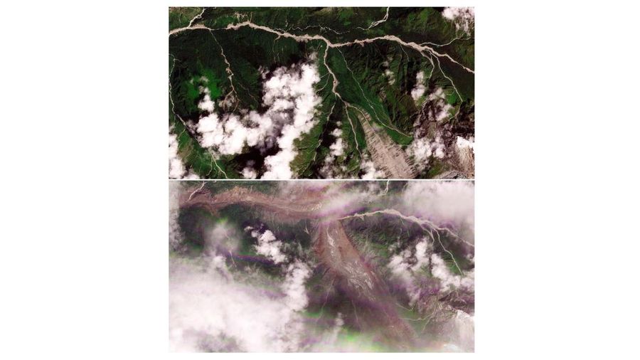 Gabungan gambaran satelit memperlihatkan Manakamana, Nepal, pada tanggal 23 Agustus 2026 sebelum banjir bandang (atas) dan pada tanggal 26 Agustus 2026 setelah banjir bandang (bawah) nan melanda wilayah tersebut. (PLANET LABS PBC/Handout via REUTERS)