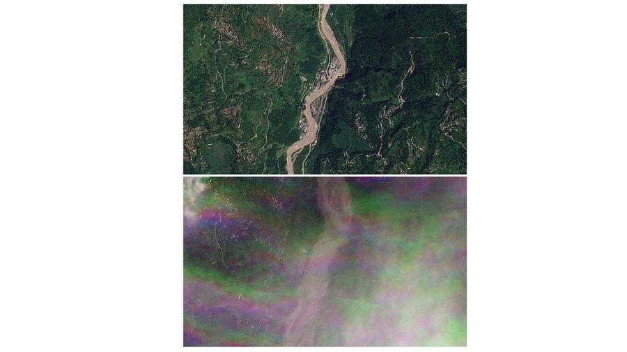 Gabungan gambaran satelit memperlihatkan Manakamana, Nepal, pada tanggal 23 Agustus 2026 sebelum banjir bandang (atas) dan pada tanggal 26 Agustus 2026 setelah banjir bandang (bawah) nan melanda wilayah tersebut. (PLANET LABS PBC/Handout via REUTERS)
