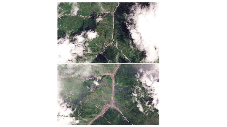 Gabungan gambaran satelit memperlihatkan Manakamana, Nepal, pada tanggal 23 Agustus 2026 sebelum banjir bandang (atas) dan pada tanggal 26 Agustus 2026 setelah banjir bandang (bawah) nan melanda wilayah tersebut. (PLANET LABS PBC/Handout via REUTERS)