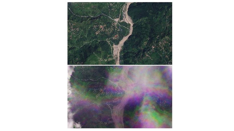 Gabungan gambaran satelit memperlihatkan Manakamana, Nepal, pada tanggal 23 Agustus 2026 sebelum banjir bandang (atas) dan pada tanggal 26 Agustus 2026 setelah banjir bandang (bawah) nan melanda wilayah tersebut. (PLANET LABS PBC/Handout via REUTERS)