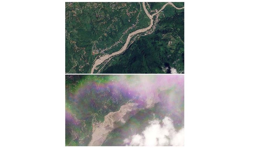 Gabungan gambaran satelit memperlihatkan Manakamana, Nepal, pada tanggal 23 Agustus 2026 sebelum banjir bandang (atas) dan pada tanggal 26 Agustus 2026 setelah banjir bandang (bawah) nan melanda wilayah tersebut. (PLANET LABS PBC/Handout via REUTERS)