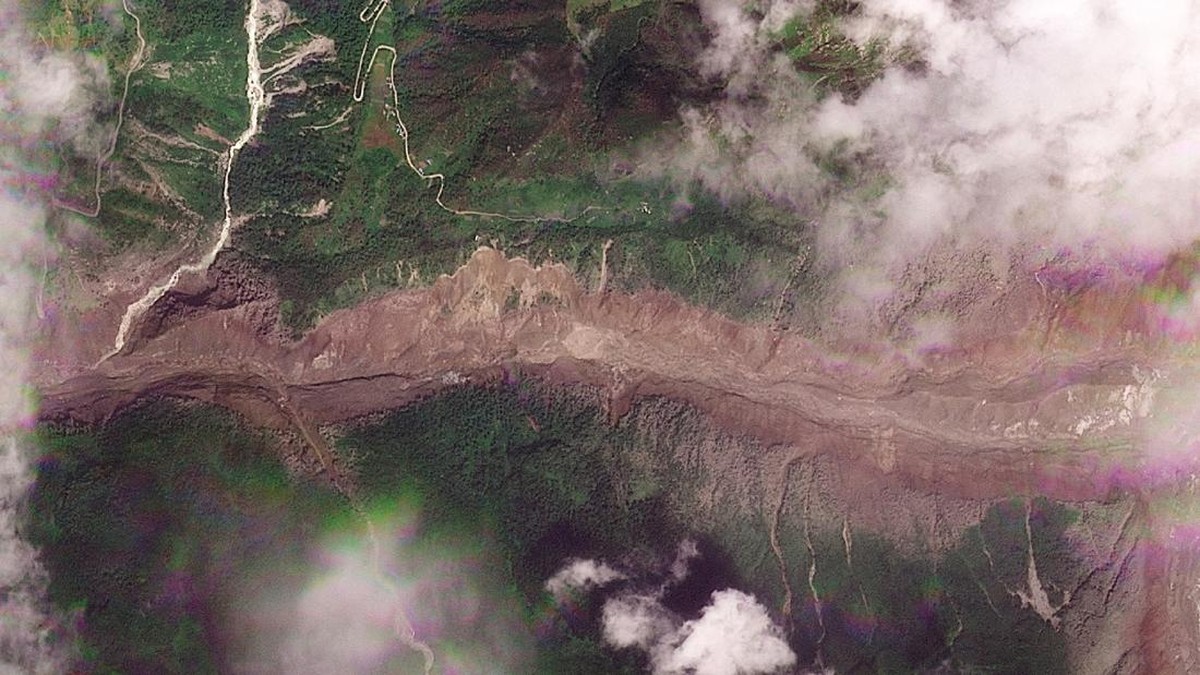 A satellite image shows the valleys near the Nepal-China border on August 26, 2026, after the devastating floods.  2026. PLANET LABS PBC/Handout via REUTERS
