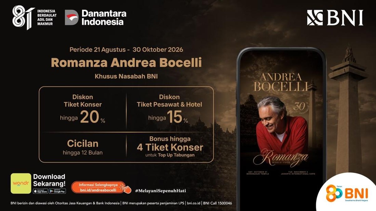 Nonton Andrea Bocelli Makin Istimewa, BNI Beli Diskon Tiket dan Travel