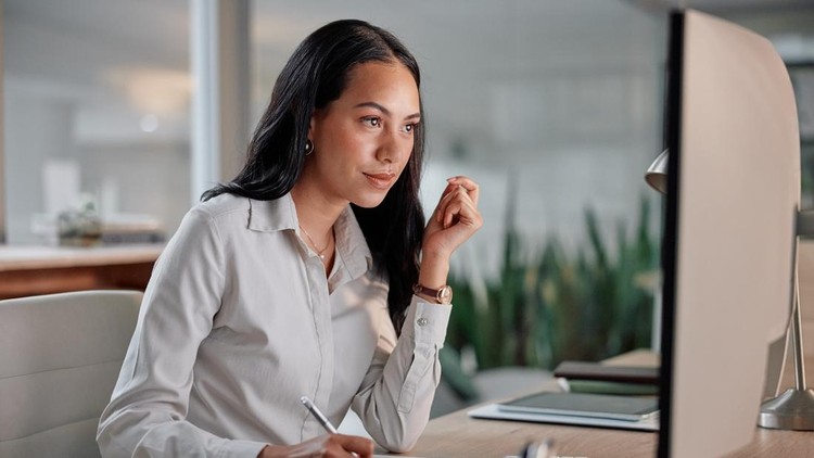 Business&comma; thinking and woman with computer&comma; writing and inspiration with online news and reading a financial blog&period; Accountant&comma; planning and broker with a pc and notebook with deadline for a project