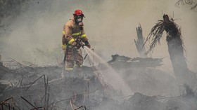 Petugas pemadam berupaya memadamkan kebakaran lahan di Kelurahan Panarung, Palangka Raya, Kalimantan Tengah, Rabu (26/8/2026).