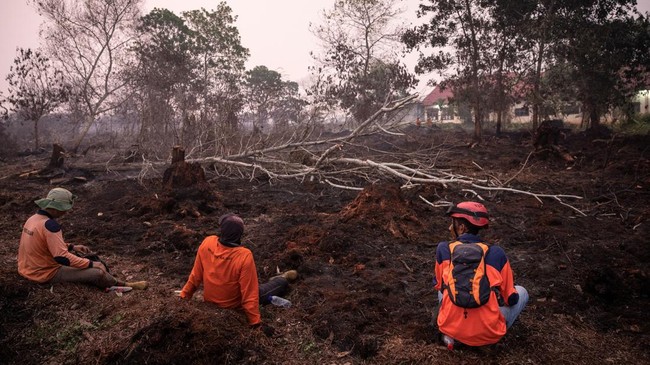 Petugas BPBD dan pihak terkait masih berusaha memadamkan api di lahan gambut yang terbakar di Kubu Raya, Kalimantan Barat, Kamis (27/8).