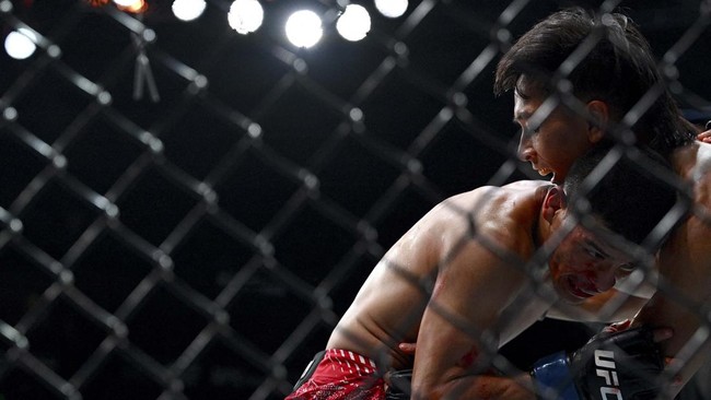 Peru's Nilson Rojas (L) fights against Indonesia's Bilal Hasan in their men's flyweight fight during the UFC Fight Night at Oriental Sports Center in Shanghai on August 29, 2026. (Photo by Jade Gao / AFP)