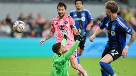 Aug 29, 2026; Miami, Florida, USA; Inter Miami CF forward Lionel Messi (10) scores against CF Montreal goalkeeper Thomas Gillier (31) during the second half at NU Stadium. Mandatory Credit: Sam Navarro-Imagn Images