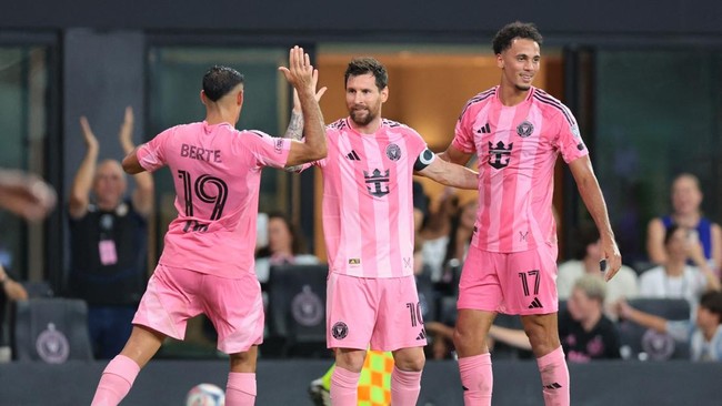 Aug 29, 2026; Miami, Florida, USA; Inter Miami CF forward Lionel Messi (10) celebrates with forward Germn Berterame (19) and defender Ian Fray (17) after scoring against CF Montreal during the first half at NU Stadium. Mandatory Credit: Sam Navarro-I