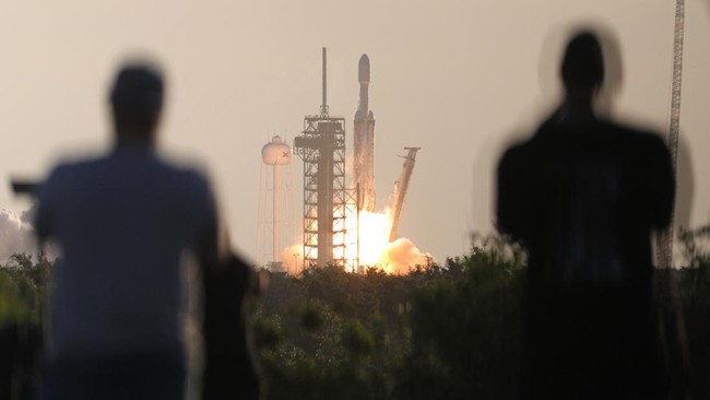 A SpaceX Falcon Heavy rocket carrying the Nancy Grace Roman space telescoe lifts off from Launch Complex 39A at the Kennedy Space Center in Florida on Augst 30, 2026. NASA launched its new flagship space telescope on Sunday, embarking on a multi-year