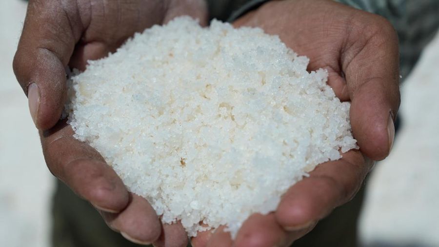 Puluhan pekerja memanen garam dari sumur air asin di gurun Sabkhat al-Muh, wilayah Palmyra, Suriah, dengan bekerja di bawah terik mentari demi bayaran nan tergolong kecil. (REUTERS/Karam al-Masri)