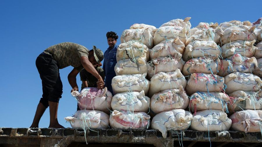 Puluhan pekerja memanen garam dari sumur air asin di gurun Sabkhat al-Muh, wilayah Palmyra, Suriah, dengan bekerja di bawah terik mentari demi bayaran nan tergolong kecil. (REUTERS/Karam al-Masri)