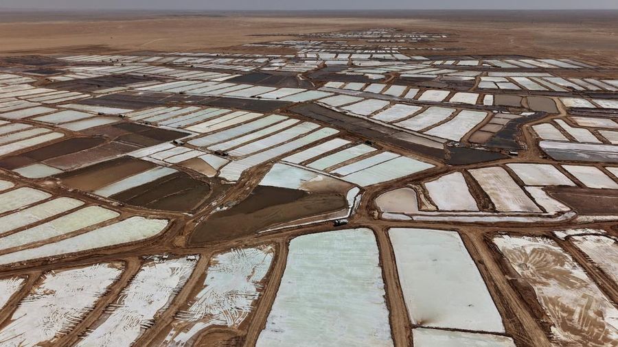 Puluhan pekerja memanen garam dari sumur air asin di gurun Sabkhat al-Muh, wilayah Palmyra, Suriah, dengan bekerja di bawah terik mentari demi bayaran nan tergolong kecil. (REUTERS/Karam al-Masri)
