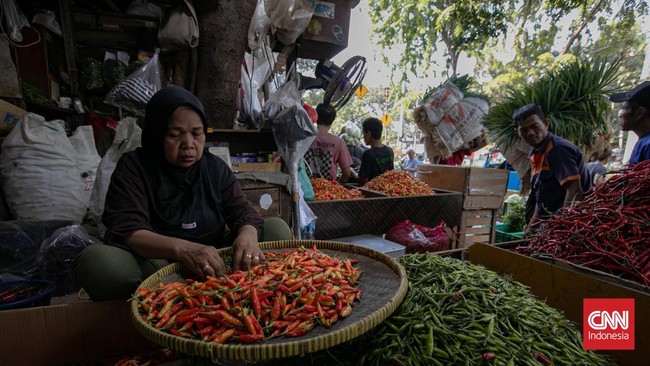 Aktivitas perdagangan sayuran terlihat di Pasar Senen, Jakarta, Selasa (1/9/2026). Seorang pekerja menaikkan sayuran sawi ke atas gerobak untuk didistribusikan di kawasan pasar. (CNN Indonesia/Adi ibrahim)
