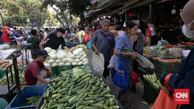 Aktivitas perdagangan sayuran terlihat di Pasar Senen, Jakarta, Selasa (1/9/2026). Seorang pekerja menaikkan sayuran sawi ke atas gerobak untuk didistribusikan di kawasan pasar. (CNN Indonesia/Adi ibrahim)
