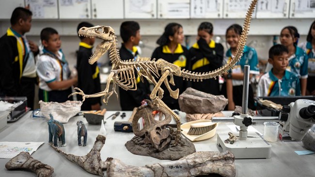 Students visit the Palaeontological Research and Education Centre at Mahasarakham University in Mahasarakham on August 18, 2026. Researchers have found a trove of dinosaur fossils in Khon Kaeon province, which holds the country's richest deposits, of