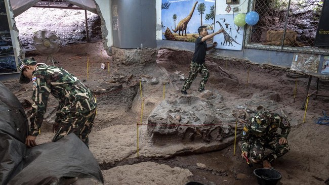 Park rangers prepare a dinosaur fossil excavation site at Phu Wiang National Park in Khon Kaen on August 19, 2026. Researchers have found a trove of dinosaur fossils in Khon Kaeon province, which holds the country's richest deposits, offering insight