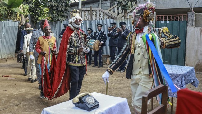Characters from Boa Morte theatre troupe give a performance of Tchiloli, in Boa Morte near Sao Tome, capital of Sao Tome and Principe, on August 8, 2026. For several hours, in a courtyard between several houses in the commune of Boa Morte, in the nor