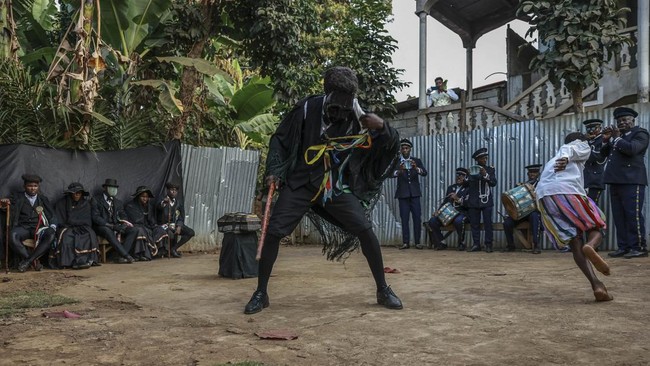 Characters from Boa Morte theatre troupe give a performance of Tchiloli, in Boa Morte near Sao Tome, capital of Sao Tome and Principe, on August 8, 2026. For several hours, in a courtyard between several houses in the commune of Boa Morte, in the nor
