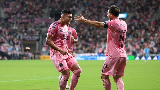 Sep 5, 2026; Miami, Florida, USA; Inter Miami midfielder Casemiro (5) celebrates with forward Lionel Messi (10) after scoring against Atlanta United during the first half at Nu Stadium. Mandatory Credit: Sam Navarro-Imagn Images