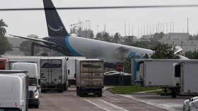 A view of an Amazon Prime Air cargo plane that airport officials said overran a runway at Miami International Airport, in Miami, Florida, U.S., September 6, 2026. REUTERS/Marco Bello