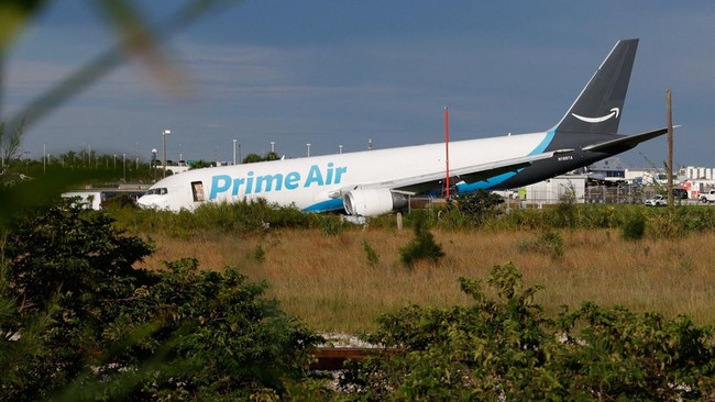 A view of an Amazon Prime Air cargo plane that airport officials said overran a runway at Miami International Airport, in Miami, Florida, U.S., September 6, 2026. REUTERS/Marco Bello