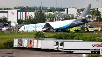 A view of an Amazon Prime Air cargo plane that airport officials said overran a runway at Miami International Airport, in Miami, Florida, U.S., September 6, 2026. REUTERS/Marco Bello