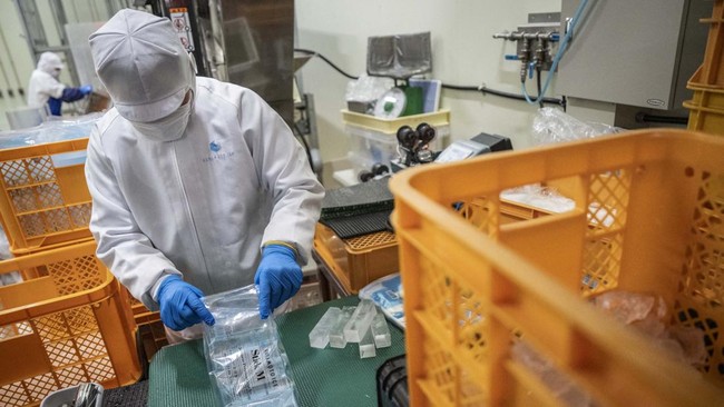 This picture taken on June 15, 2026 shows a worker packing cut ice cubes in a basket at the Kuramoto Ice factory in Kanazawa, Ishikawa prefecture.