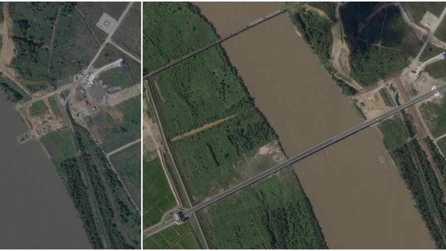 A combination of satellite images shows the area spanning the Tumen River before (left) and after the first road bridge between North Korea and Russia on the border between the two countries, September 11, 2025, and September 6, 2026. 2026 Planet Lab