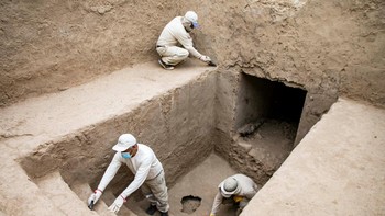 Peruvian archaeologists work at an almost intact pre-Incan funerary platform containing remains of 38 individuals, including an elite member of the Chimu civilization that flourished on Peru's northern coast between 900 and 1470 AD, in Trujillo, Peru