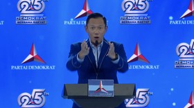 Ketua Umum Partai Demokrat, Agus Harimurti Yudhoyono (AHY) saat menyampaikan sambutan dalam Perayaan HUT ke-25 Partai Demokrat di Indonesia Arena, Jakarta, Rabu (9/9/2026).