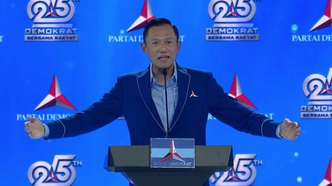 Ketua Umum Partai Demokrat, Agus Harimurti Yudhoyono (AHY) saat menyampaikan sambutan dalam Perayaan HUT ke-25 Partai Demokrat di Indonesia Arena, Jakarta, Rabu (9/9/2026).