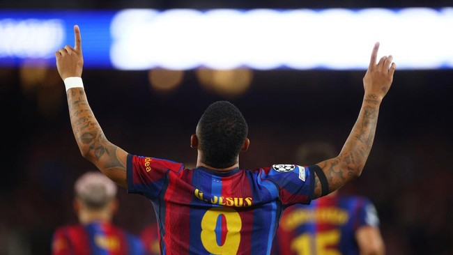 Soccer Football - UEFA Champions League - FC Barcelona v Feyenoord - Spotify Camp Nou, Barcelona, Spain - September 9, 2026 FC Barcelona's Gabriel Jesus celebrates scoring their fifth goal REUTERS/Albert Gea