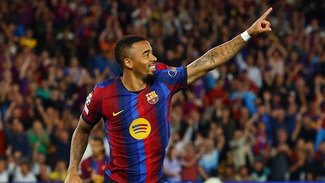 Soccer Football - UEFA Champions League - FC Barcelona v Feyenoord - Spotify Camp Nou, Barcelona, Spain - September 9, 2026 FC Barcelona's Gabriel Jesus celebrates scoring their fifth goal REUTERS/Albert Gea