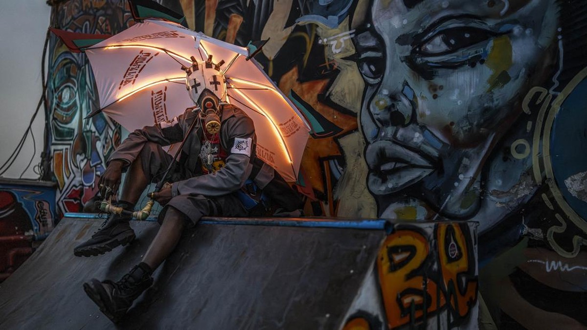 Cosplayer Julius Mokaya, 34, poses for a photo while creating content for his social media accounts, cosplaying as Enjin, a character from the popular manga series Gachiakuta, ahead of the Otamatsuri convention in Nairobi on August 13, 2026. Enthusia