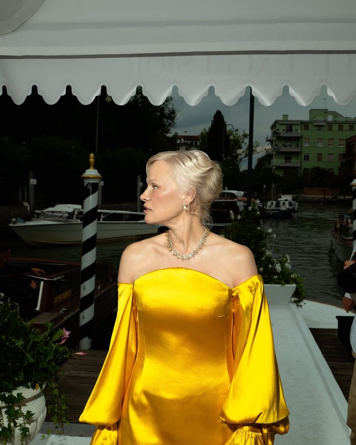 Pamela Anderson mengenakan busana dari Carolina Herrera dan perhiasan Pandora