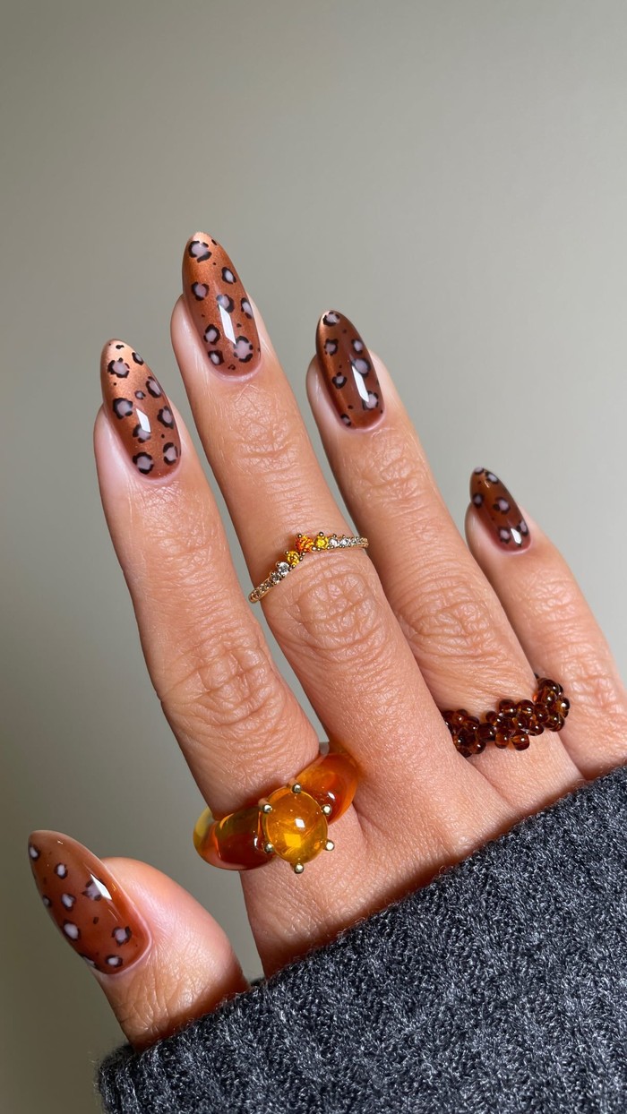 Velvet leopard memadukan motif leopard dengan efek velvet yang memberikan tampilan unik dan glamor pada kuku. Desain ini cocok untuk kamu yang ingin mencoba animal print dengan sentuhan lebih modern dan playful./ Foto: instagram.com/sansungnails