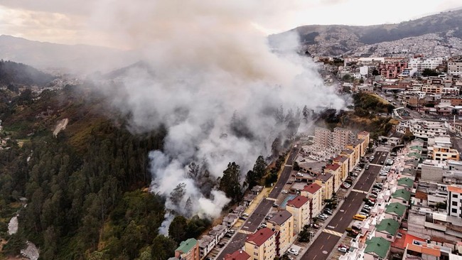 A drone view shows smoke rising from a hillside during wildfires near residential neighbourhoods in Quito, Ecuador, September 13, 2026. REUTERS/Karen Toro