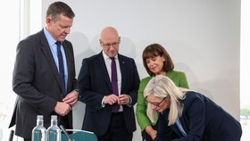 Rhun ap Iorwerth (L) of Plaid Cymru in Wales, Scottish Nationalist Party (SNP) leader John Swinney (2nd L) and Mary Lou McDonald (2nd R), president of Irish Republicans Sinn Fein look on as Michelle O'Neill (R), vice president of Irish Republicans Si